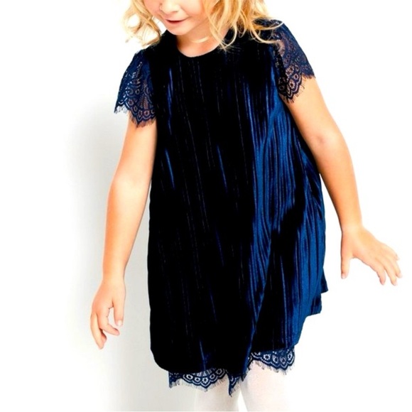 Navy Blue Velvet Dress with Lace Sleeves NWT - Picture 1 of 17